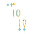 Gold plated geometric square turquoise earring set with stud hoop and dangle styles. - Blue Rhombus Rhinestone Combo Set (Style 15)