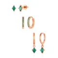 Rose gold green stone earrings set featuring rhombus studs, pave hoops and drop earrings. - Rose Gold Green Square Rhinestone Geometric Style (Style 19)