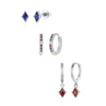 Minimalist geometric kite-shaped colored gemstone stud and hoop earrings jewelry set for women - Blue and Red Color-Block Rhinestone Combo Style (Style 22)