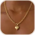 Gold chunky chain necklace with puffy heart pendant and toggle clasp for women fashion jewelry. - Heart Pendant OT Buckle Thick Chain (2026-04-N-5653-1) / Gold