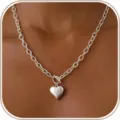 Silver chunky chain necklace with heart pendant, trendy hip-hop choker jewelry for women. - Heart Pendant OT Buckle Thick Chain (2026-04-N-5653-2) / Silver