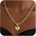 Gold heart pendant necklace with OT toggle clasp, stylish copper collarbone chain for women. - OT Buckle Heart Pendant Style (2026-04-N-5620-1) / Gold