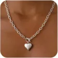 Silver tone chunky chain necklace with heart pendant and OT toggle clasp for women fashion jewelry - OT Buckle Heart Pendant Style (2026-04-N-5620-2) / Silver