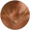 Chic gold bow necklace with delicate bead stations, elegant women fashion collar jewelry. - Bowknot Bead Style (2026-05-N-5767) / Gold