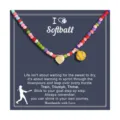 Colorful seed bead softball necklace with heart charm and inspirational card for women sports fans. - Softball Sports Beaded Style (2026-03-N-5576) / Multicolor