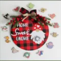Buffalo plaid wooden welcome door sign with cute gnome and interchangeable holiday icons. - HOME Sweet GNOME Style (K2-5) / Red And Black Plaid Side Letter