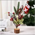 Mini artificial Christmas tree table decoration with red berries and wooden base for holidays. - Blue Chrysanthemum Style