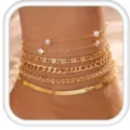Layered gold anklet set of six featuring pearls and chains for women summer beach vacation style. - Gold Six-Piece Set