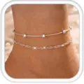 Double layer silver anklet with beads and twisted chain, elegant beach jewelry for women. - Steel Color Set