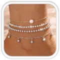 Multi-layer silver anklet set featuring pearl rhinestone and dangling beads for women. - Steel Color 4-Piece Set
