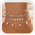 Multi-layer silver anklet set featuring cuban chain and pearls for women, summer beach jewelry. - Steel Tone 4-Piece Set I