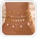 Multi-layer gold anklet set with pearls, cuban chain and disc charms for women vacation style. - Gold Tone 4-Piece Set I