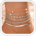 Layered silver anklet set for women, featuring pearls, crystals, and chain links. Perfect vacation jewelry. - Steel Color Set