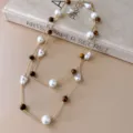 Vintage Maillard tiger eye stone pearl layered necklace women winter sweater chain jewelry - Necklace #18 - Gold - Brown - White