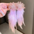 Chic pink rhinestone and feather tassel earrings for women, elegant holiday party jewelry item. - Pink Crystal