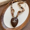 French vintage wooden heart necklace with fabric beads and chains for women fashion jewelry - 37# Necklace-Coffee