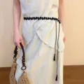 Bohemian black floral braided waist chain with elegant tassels for women fashion dresses. - Black