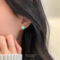 Mint green epoxy stud earrings for women, minimalist sterling silver daily wear jewelry. - Round