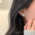 Mint enamel clover stud earrings for women, S925 sterling silver sweet floral jewelry. - Flower