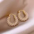 Detailed closeup of French vintage pearl hoop earrings, elegant gold design with delicate pearls. - 3# Ear Buckle - Gold - White