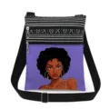 Close-up detail of stylish black white striped crossbody bag featuring afro woman print. - Crown Wearing Purple Background Style (xkk1653)