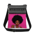 Detailed view of the crossbody bag featuring black and white striped trim and bold graphic print. - Fashion Woman Illustration Pink Background Style (xkk1656)
