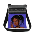 Detailed view of the crossbody messenger bag showcasing the chic girl print and double zippers. - Black Girl Delicate Illustration Style (xkz1657)