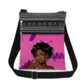Stylish black girl print crossbody bag featuring double zippers and adjustable strap. - Fashion Woman Blue Eyes Illustration Style (xkz17646)