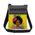 Stylish black girl floral printed canvas crossbody bag with double zippers and strap. - Woman Floral Art Yellow Background Style (xkz17662)