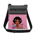 Close-up detail of the black girl floral print and double zipper structure on the stylish messenger bag. - Black Woman Floral Art Pattern Style (xkz17663)