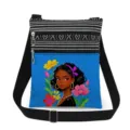 Detailed view of black girl print crossbody bag featuring double zipper and adjustable strap. - Beautiful Black Woman Floral Pattern Style (xkz17664)