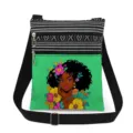 Canvas crossbody bag with black white stripes, green pocket and chic black girl floral print. - Black Woman Floral Green Background Style (xkz17665)