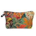 Detailed view of fashionable tropical leaf print cosmetic pouch with durable black zipper. - Green Leaf Pattern Style (hzk2420)