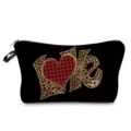 Leopard print love heart makeup bag detail, stylish cosmetic pouch with zipper closure. - Leopard Patchwork Letter Black Base Heart Style (hz4912)