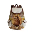 Cute owl print student backpack with geometric patterns, brown straps and pockets. - Ethnic Geometric Owl Style (sj3231)
