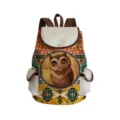 Detailed view of cute owl print canvas backpack with ethnic geometric pattern and brown straps. - Multifunctional Ethnic Owl Style (sj3388)