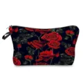 Detail view of cosmetic bag featuring elegant red rose floral print and sturdy black zipper. - Black Base Red Rose All Over Print Style (hz7907)