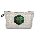 Detailed view of stylish geometric pattern cosmetic bag featuring inspiring motivational quote. - Hexagon Letter Style (hz4779)