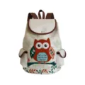 Cute owl print canvas backpack details, casual daypack with brown trim and side pockets. - Beige Leather Trim Owl Style (sjCB099)