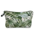 Close-up detail of tropical green leaves pattern makeup bag with black zipper and side strap. - Green Leaf Print Style (hz4786)