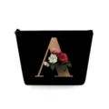 Black makeup bag detail showing elegant gold letter A and floral print design for compact storage. - Capital Letter A Style