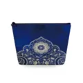 Close-up detail of the blue cosmetic pouch featuring elegant white floral mandala pattern. - Mandala Style (sn3568)
