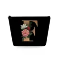 Zwarte canvas cosmetische tas met bloemige letter F ontwerp, draagbare etui met ritssluiting. - Hoofdletter F Stijl