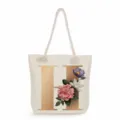 Canvas tote bag with gold letter H and floral print, large capacity casual shoulder bag. - Golden Letter H Print Style