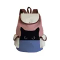 Detailed view of the cute colorblock cat print canvas backpack with multiple pockets. - Blue Pink Cat Style (sj1536)