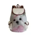 Canvas backpack detail showing cute white dog print and brown leather trim features. - Style 6 (sj8706)
