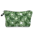 Green monstera leaf print cosmetic bag detail, featuring durable fabric and smooth black zipper. - Green Leaf Pattern Style (hz4789)