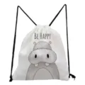 Cute cartoon hippo print drawstring backpack detail, casual daily storage bag design. - Hippo Pattern (sk3056)