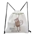 Cute cartoon monkey print detail view of white casual canvas drawstring backpack for daily use. - Monkey Pattern (sk3058)