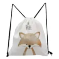 Detailed view of cute fox print canvas drawstring backpack, white bag with black cord. - Fox Pattern (sk3059)